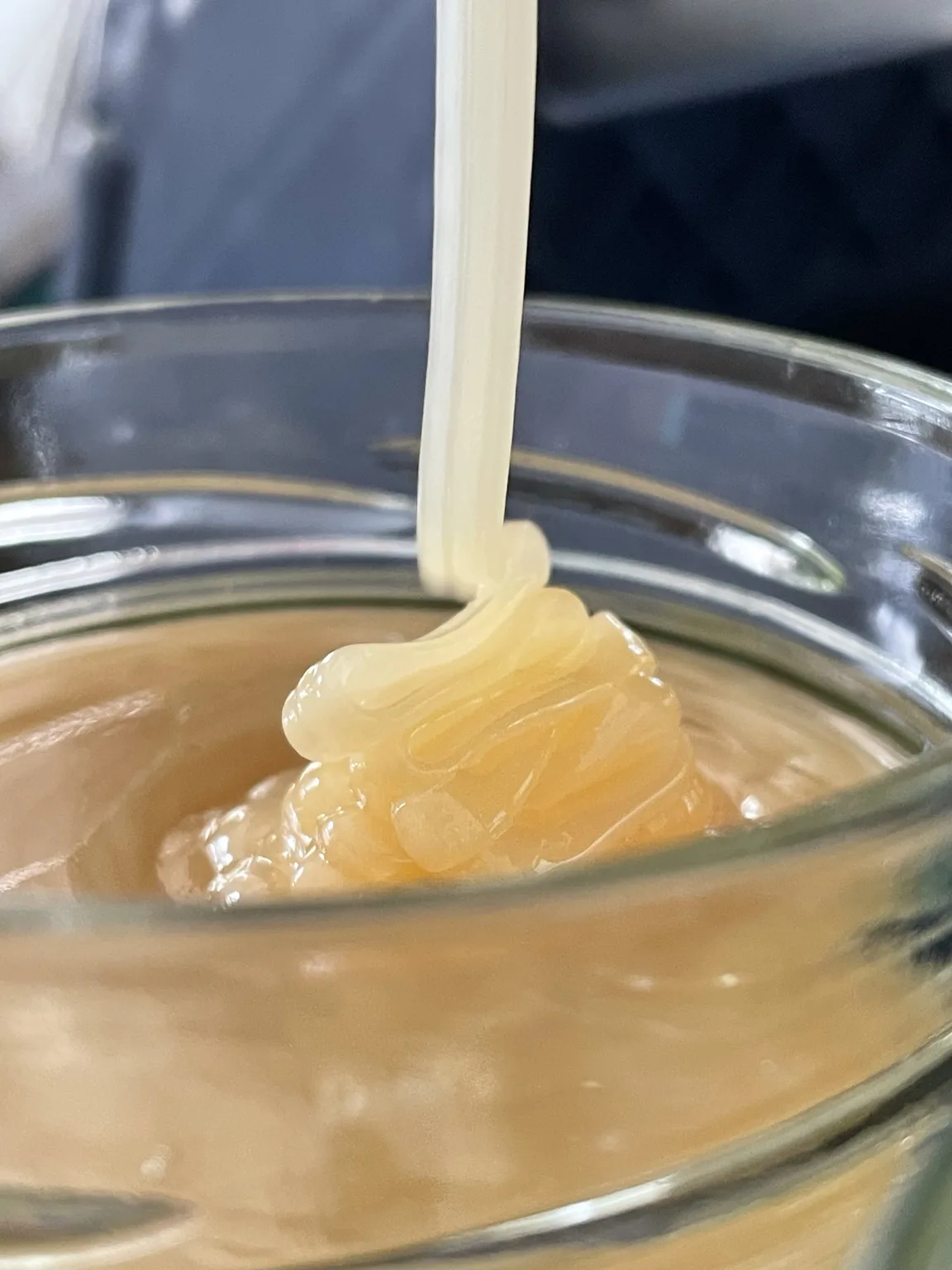 Cremiger Honig wird in ein Glas abgefüllt
